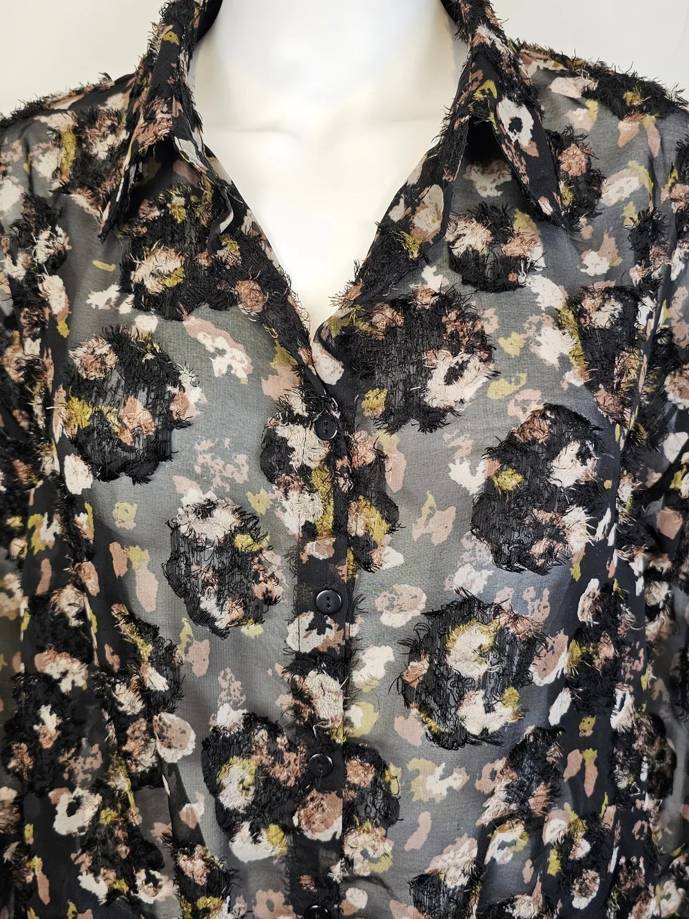 Molly Bracken Black Brown Frilly Long Sleeve Collared Button Up w/ Pockets Sz L - Picture 2 of 8